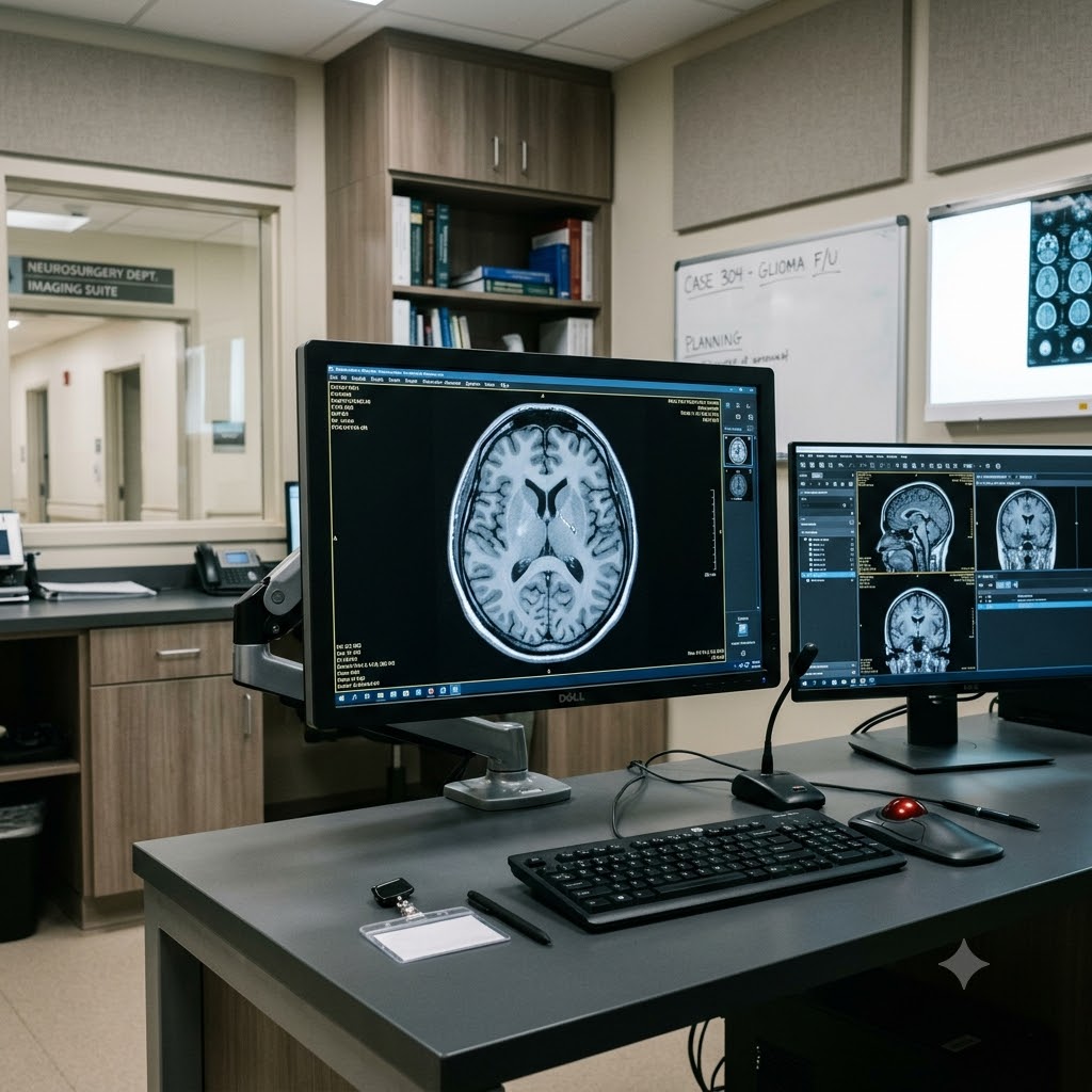 Neurosurgeon examining a brain scan